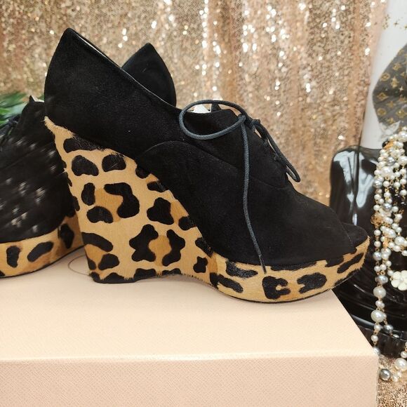 Prada Leopard Peep Toe Wedge Heel Authentic NIB - Picture 7 of 16